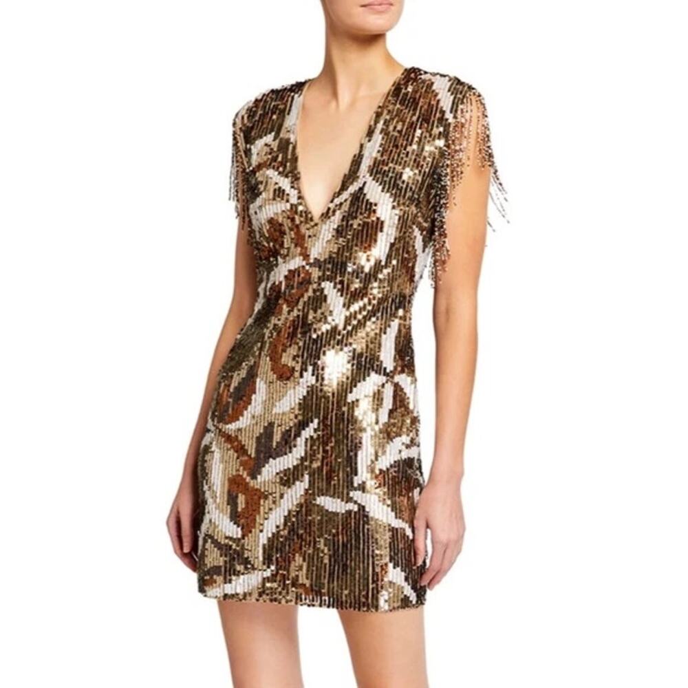 NWT Jay Godfrey San Jose Fringe Sequins V-Neck Mini Dress Bronze Women's Size 12